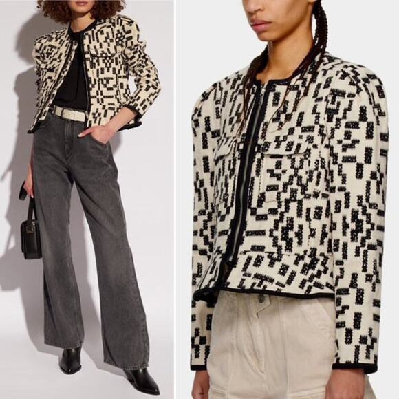 Isabel Marant Etoile Deliona Abstract Printed Tweed Jacket Black/White Size 42 - Picture 10 of 10